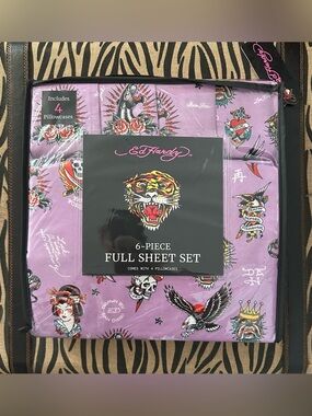Ed Hardy Purple Tattoo-Style 6-Piece Sheet Set New